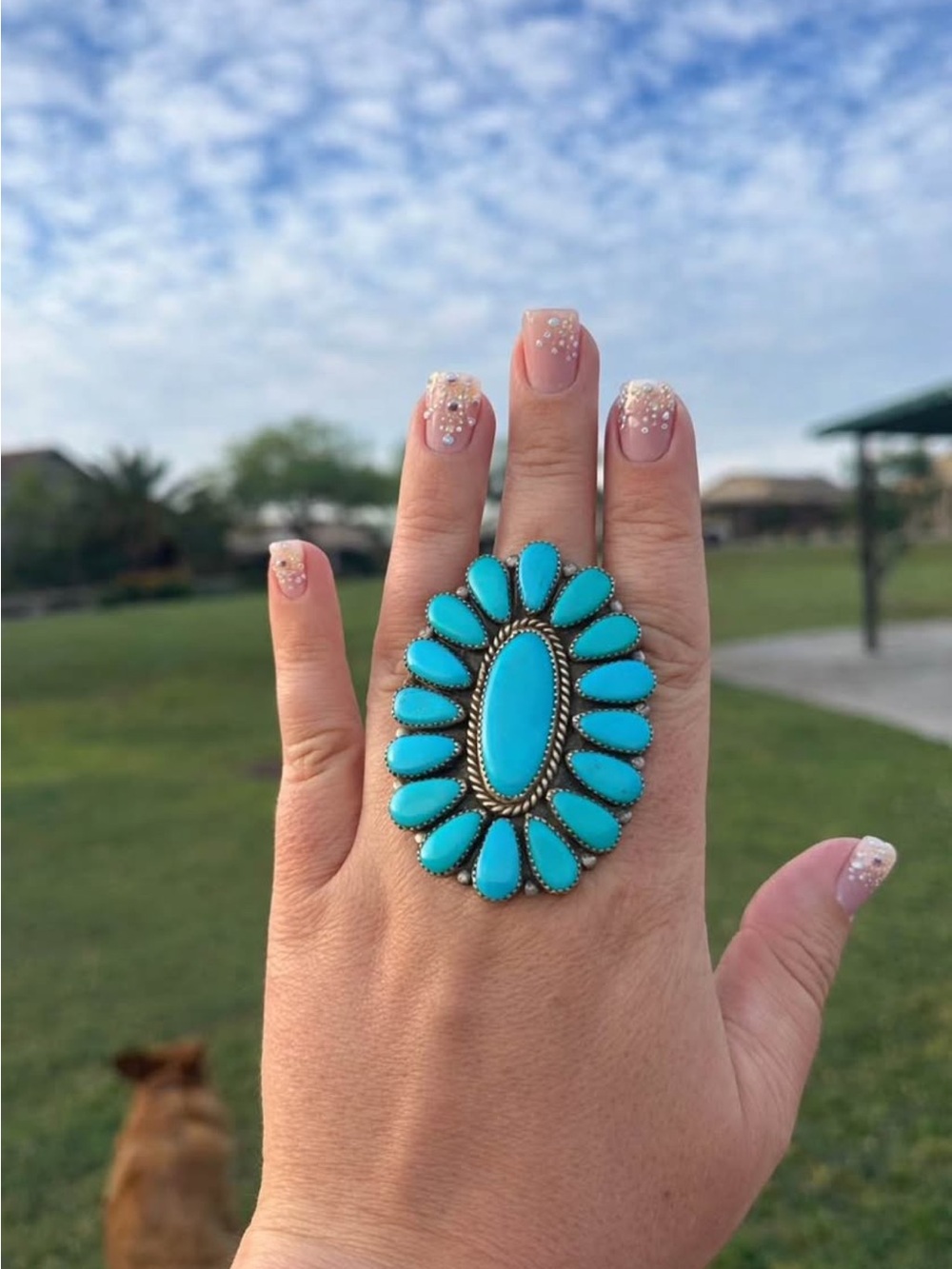 HUGE authentic Turquoise Silver Vintage Cluster Ring ♡
